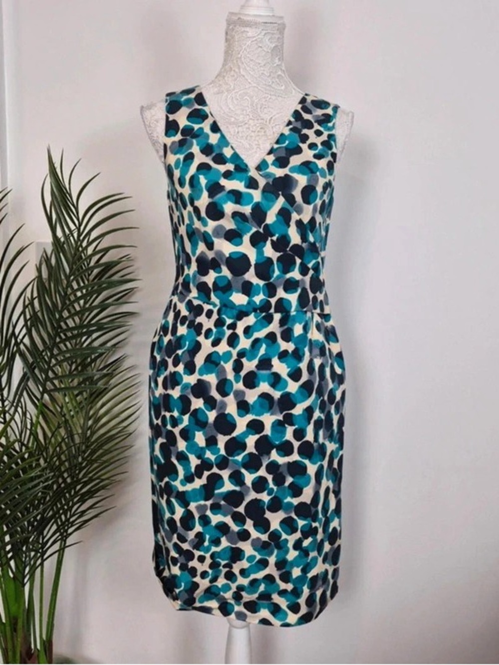 Sleeveless V-Neck Maxi Dress in Teal and Navy Spot Print
